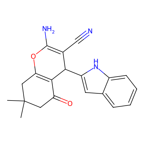2-amino-4-(1H-indol-2-yl)-7,7-dimethyl-5-oxo-5,6,7,8-tetrahydro-4H-chromene-3-carbonitrile structure