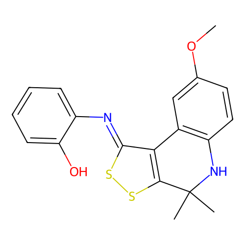 2-[(8-methoxy-4,4-dimethyl-5H-dithiolo[3,4-c]quinolin-1-ylidene)amino]phenol structure