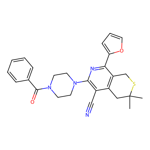 6-(4-benzoylpiperazin-1-yl)-8-(furan-2-yl)-3,3-dimethyl-1,4-dihydrothiopyrano[3,4-c]pyridine-5-carbonitrile structure