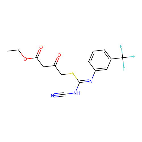 (Z)-ethyl 4-((N'-cyano-N-(3-(trifluoromethyl)phenyl)carbamimidoyl)thio)-3-oxobutanoate structure