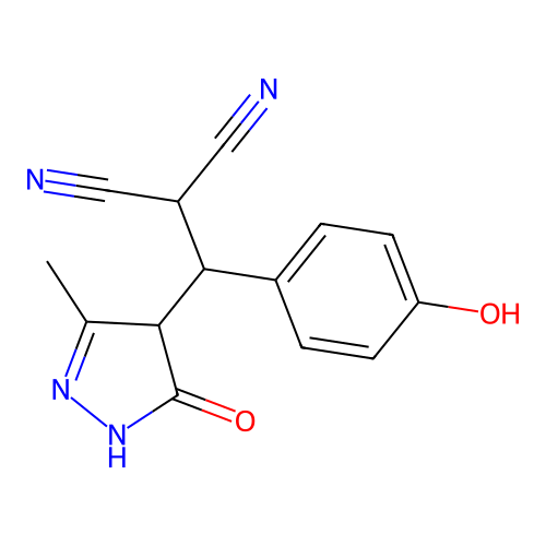 2-[(4-hydroxyphenyl)-(3-methyl-5-oxo-1,4-dihydropyrazol-4-yl)methyl]propanedinitrile structure