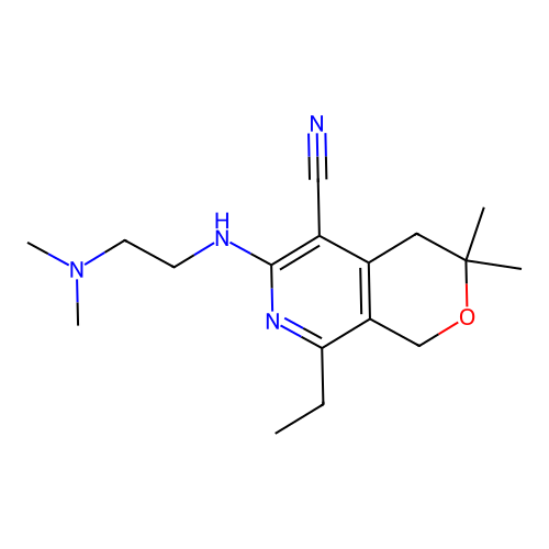 6-((2-(dimethylamino)ethyl)amino)-8-ethyl-3,3-dimethyl-3,4-dihydro-1H-pyrano[3,4-c]pyridine-5-carbonitrile structure