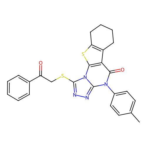 1-((2-oxo-2-phenylethyl)thio)-4-(p-tolyl)-6,7,8,9-tetrahydrobenzo[4,5]thieno[3,2-e][1,2,4]triazolo[4,3-a]pyrimidin-5(4H)-one structure