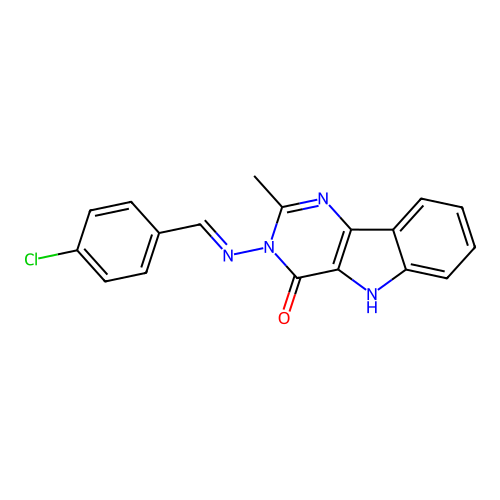 (E)-3-((4-chlorobenzylidene)amino)-2-methyl-3H-pyrimido[5,4-b]indol-4(5H)-one structure