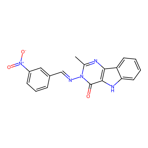 (E)-2-methyl-3-((3-nitrobenzylidene)amino)-3H-pyrimido[5,4-b]indol-4(5H)-one structure