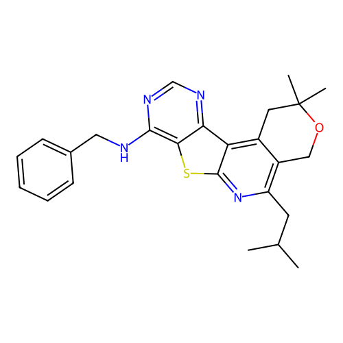 N-benzyl-2,2-dimethyl-5-(2-methylpropyl)-1,4-dihydro-2H-pyrano[4'',3'':4',5']pyrido[3',2':4,5]thieno[3,2-d]pyrimidin-8-amine structure