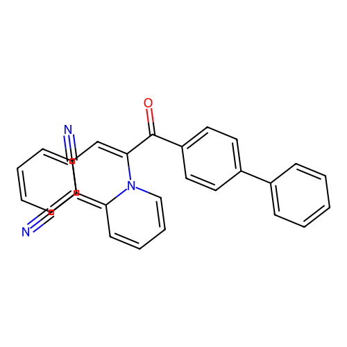{1-[(1Z)-3-(biphenyl-4-yl)-3-oxo-1-phenylprop-1-en-2-yl]pyridin-2(1H)-ylidene}propanedinitrile structure