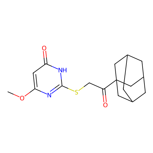 2-((2-((3r,5r,7r)-adamantan-1-yl)-2-oxoethyl)thio)-6-methoxypyrimidin-4(3H)-one structure