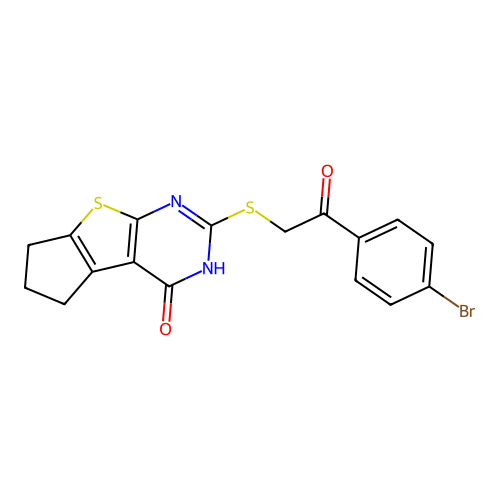 2-((2-(4-bromophenyl)-2-oxoethyl)thio)-6,7-dihydro-3H-cyclopenta[4,5]thieno[2,3-d]pyrimidin-4(5H)-one structure