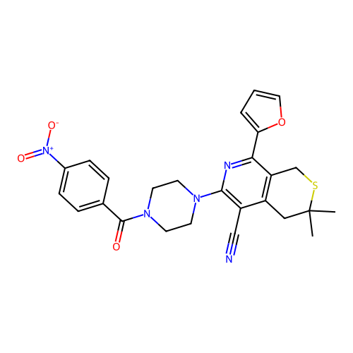 8-(furan-2-yl)-3,3-dimethyl-6-(4-(4-nitrobenzoyl)piperazin-1-yl)-3,4-dihydro-1H-thiopyrano[3,4-c]pyridine-5-carbonitrile structure
