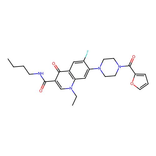 N-butyl-1-ethyl-6-fluoro-7-(4-(furan-2-carbonyl)piperazin-1-yl)-4-oxo-1,4-dihydroquinoline-3-carboxamide structure