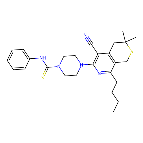 4-(8-butyl-5-cyano-3,3-dimethyl-3,4-dihydro-1H-thiopyrano[3,4-c]pyridin-6-yl)-N-phenylpiperazine-1-carbothioamide structure