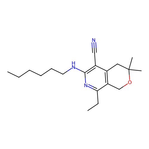 8-ethyl-6-(hexylamino)-3,3-dimethyl-3,4-dihydro-1H-pyrano[3,4-c]pyridine-5-carbonitrile structure