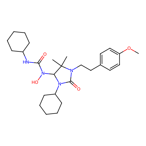 3-cyclohexyl-1-(3-cyclohexyl-1-(4-methoxyphenethyl)-5,5-dimethyl-2-oxoimidazolidin-4-yl)-1-hydroxyurea structure