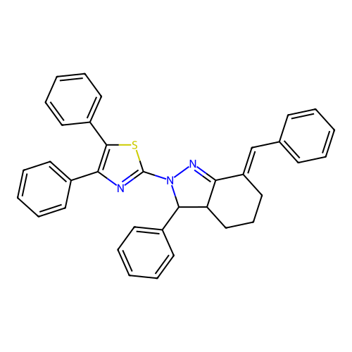 (7E)-7-benzylidene-2-(4,5-diphenyl-1,3-thiazol-2-yl)-3-phenyl-3,3a,4,5,6,7-hexahydro-2H-indazole structure