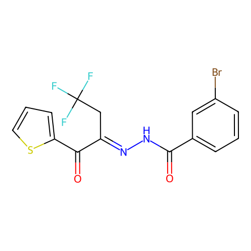 (E)-3-bromo-N'-(4,4,4-trifluoro-1-oxo-1-(thiophen-2-yl)butan-2-ylidene)benzohydrazide structure