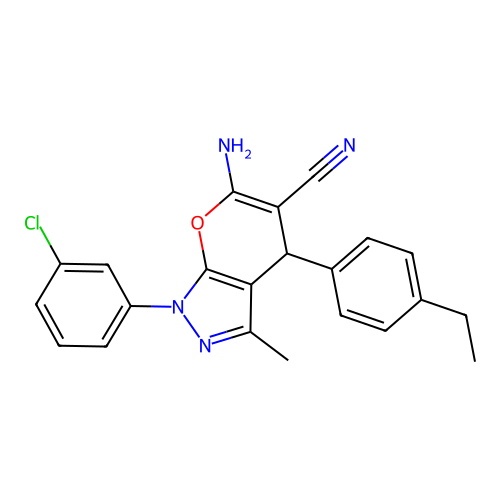 6-amino-1-(3-chlorophenyl)-4-(4-ethylphenyl)-3-methyl-1,4-dihydropyrano[2,3-c]pyrazole-5-carbonitrile structure