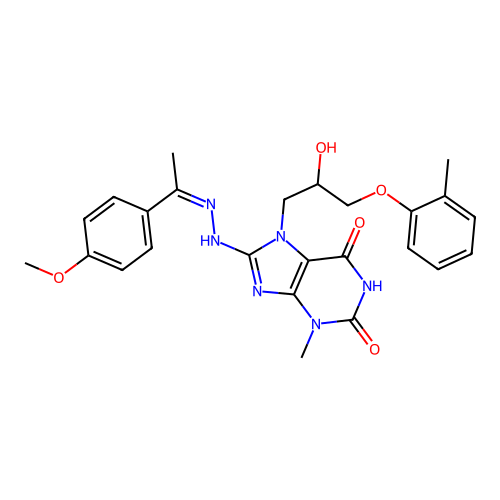 (Z)-7-(2-hydroxy-3-(o-tolyloxy)propyl)-8-(2-(1-(4-methoxyphenyl)ethylidene)hydrazinyl)-3-methyl-1H-purine-2,6(3H,7H)-dione structure