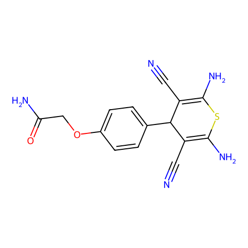 2-[4-(2,6-diamino-3,5-dicyano-4H-thiopyran-4-yl)phenoxy]acetamide structure