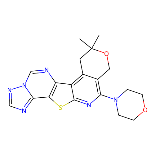 8,8-dimethyl-11-(morpholin-4-yl)-7,10-dihydro-8H-pyrano[4'',3'':4',5']pyrido[3',2':4,5]thieno[2,3-e][1,2,4]triazolo[1,5-c]pyrimidine structure