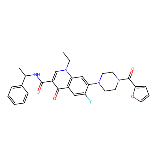 1-ethyl-6-fluoro-7-(4-(furan-2-carbonyl)piperazin-1-yl)-4-oxo-N-(1-phenylethyl)-1,4-dihydroquinoline-3-carboxamide structure