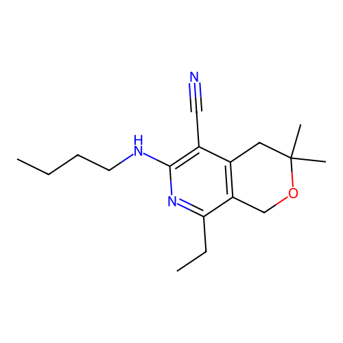 6-(butylamino)-8-ethyl-3,3-dimethyl-3,4-dihydro-1H-pyrano[3,4-c]pyridine-5-carbonitrile structure