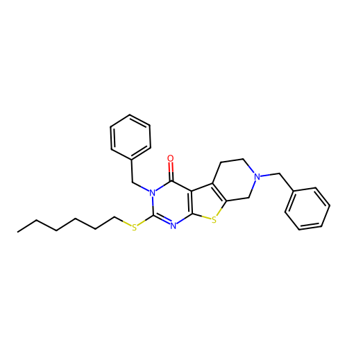 3,7-dibenzyl-2-(hexylsulfanyl)-5,6,7,8-tetrahydropyrido[4',3':4,5]thieno[2,3-d]pyrimidin-4(3H)-one structure