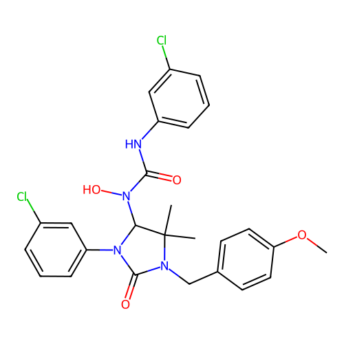 3-(3-chlorophenyl)-1-(3-(3-chlorophenyl)-1-(4-methoxybenzyl)-5,5-dimethyl-2-oxoimidazolidin-4-yl)-1-hydroxyurea structure