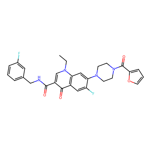 1-Ethyl-6-fluoro-7-[4-(furan-2-carbonyl)-piperazin-1-yl]-4-oxo-1,4-dihydro-quinoline-3-carboxylic acid  3-fluoro-benzylamide structure