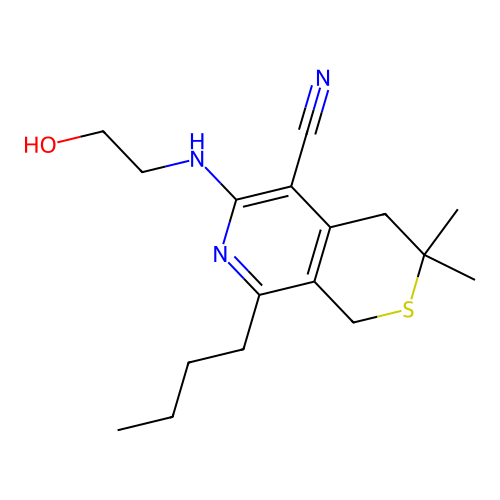 8-butyl-6-((2-hydroxyethyl)amino)-3,3-dimethyl-3,4-dihydro-1H-thiopyrano[3,4-c]pyridine-5-carbonitrile structure