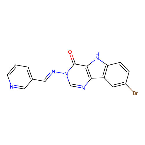 (E)-8-bromo-3-((pyridin-3-ylmethylene)amino)-3H-pyrimido[5,4-b]indol-4(5H)-one structure