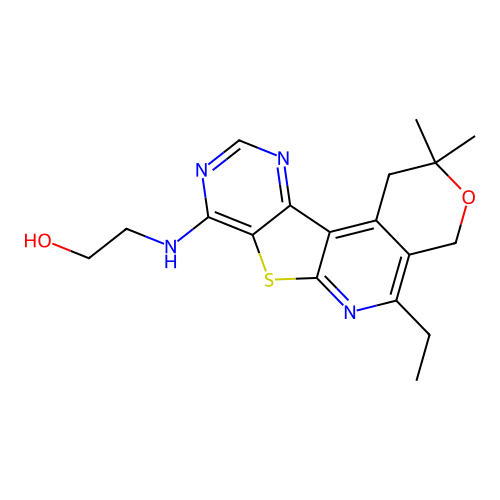 2-((5-ethyl-2,2-dimethyl-2,4-dihydro-1H-pyrano[4'',3'':4',5']pyrido[3',2':4,5]thieno[3,2-d]pyrimidin-8-yl)amino)ethanol structure
