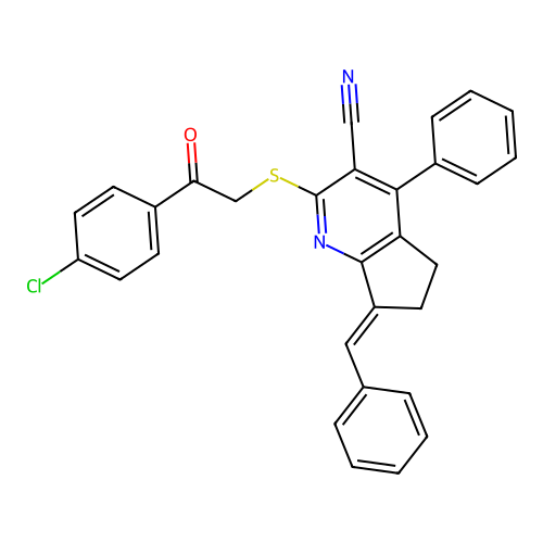 (7E)-7-benzylidene-2-[2-(4-chlorophenyl)-2-oxoethyl]sulfanyl-4-phenyl-5,6-dihydrocyclopenta[b]pyridine-3-carbonitrile structure