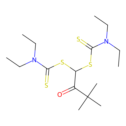 3,3-Dimethyl-2-oxobutane-1,1-diyl bis(diethylcarbamodithioate) structure