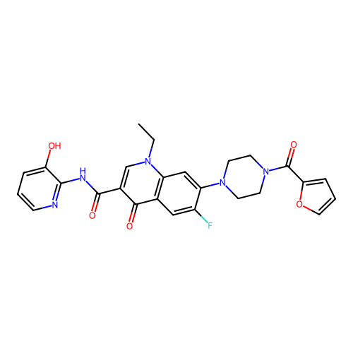 1-ethyl-6-fluoro-7-(4-(furan-2-carbonyl)piperazin-1-yl)-N-(3-hydroxypyridin-2-yl)-4-oxo-1,4-dihydroquinoline-3-carboxamide structure