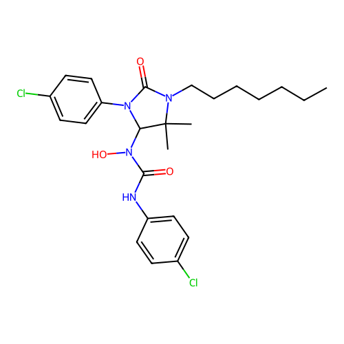 3-(4-chlorophenyl)-1-[3-(4-chlorophenyl)-1-heptyl-5,5-dimethyl-2-oxoimidazolidin-4-yl]-1-hydroxyurea structure