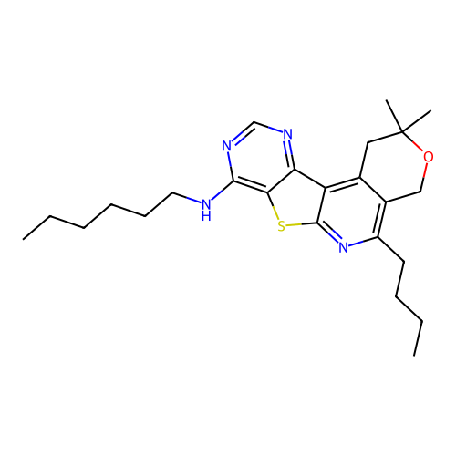5-butyl-N-hexyl-2,2-dimethyl-1,4-dihydro-2H-pyrano[4'',3'':4',5']pyrido[3',2':4,5]thieno[3,2-d]pyrimidin-8-amine structure