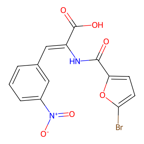 (Z)-2-(5-bromofuran-2-carboxamido)-3-(3-nitrophenyl)acrylic acid structure