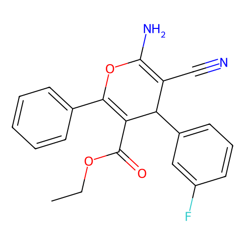 ethyl 6-amino-5-cyano-4-(3-fluorophenyl)-2-phenyl-4H-pyran-3-carboxylate structure