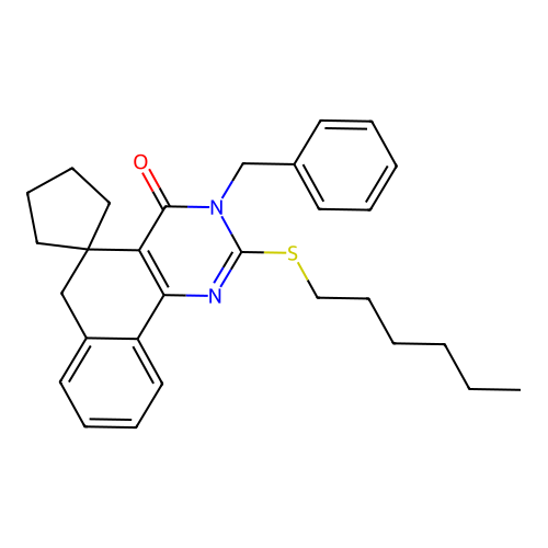 3-benzyl-2-(hexylsulfanyl)-3H-spiro[benzo[h]quinazoline-5,1'-cyclopentan]-4(6H)-one structure