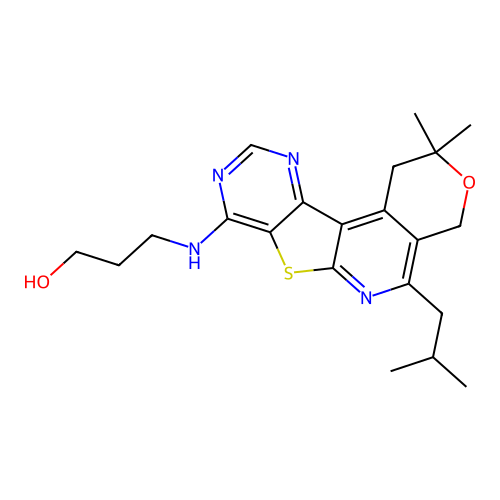 3-((5-isobutyl-2,2-dimethyl-2,4-dihydro-1H-pyrano[4'',3'':4',5']pyrido[3',2':4,5]thieno[3,2-d]pyrimidin-8-yl)amino)propan-1-ol structure