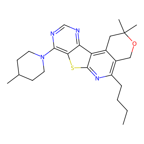 5-butyl-2,2-dimethyl-8-(4-methylpiperidin-1-yl)-1,4-dihydro-2H-pyrano[4'',3'':4',5']pyrido[3',2':4,5]thieno[3,2-d]pyrimidine structure