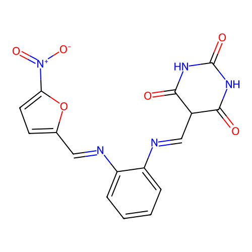 5-[[2-[(5-nitro-2-furyl)methylideneamino]phenyl]iminomethyl]-1,3-diazinane-2,4,6-trione structure