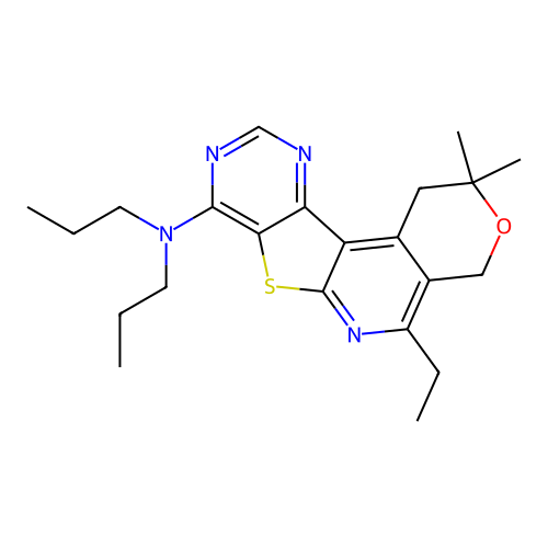 5-ethyl-2,2-dimethyl-N,N-dipropyl-1,4-dihydro-2H-pyrano[4'',3'':4',5']pyrido[3',2':4,5]thieno[3,2-d]pyrimidin-8-amine structure