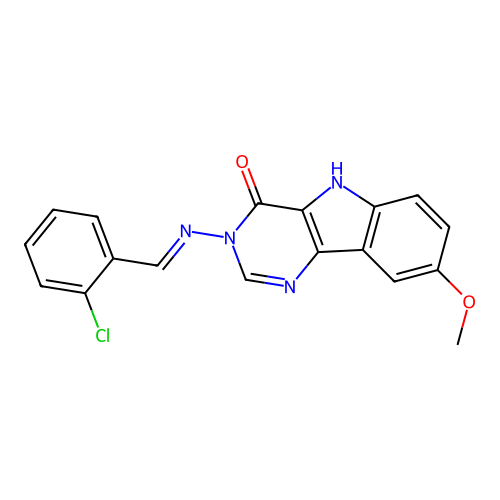 (E)-3-((2-chlorobenzylidene)amino)-8-methoxy-3H-pyrimido[5,4-b]indol-4(5H)-one structure