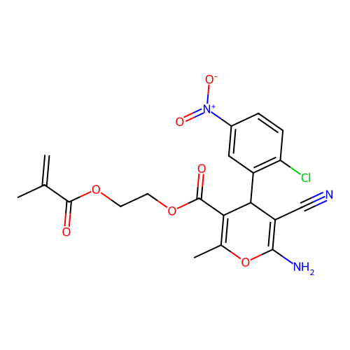2-(2-methylprop-2-enoyloxy)ethyl 6-amino-4-(2-chloro-5-nitrophenyl)-5-cyano-2-methyl-4H-pyran-3-carboxylate structure