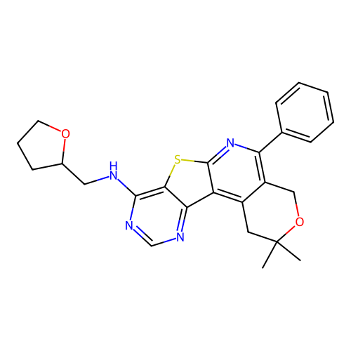 2,2-dimethyl-5-phenyl-N-((tetrahydrofuran-2-yl)methyl)-2,4-dihydro-1H-pyrano[4'',3'':4',5']pyrido[3',2':4,5]thieno[3,2-d]pyrimidin-8-amine structure