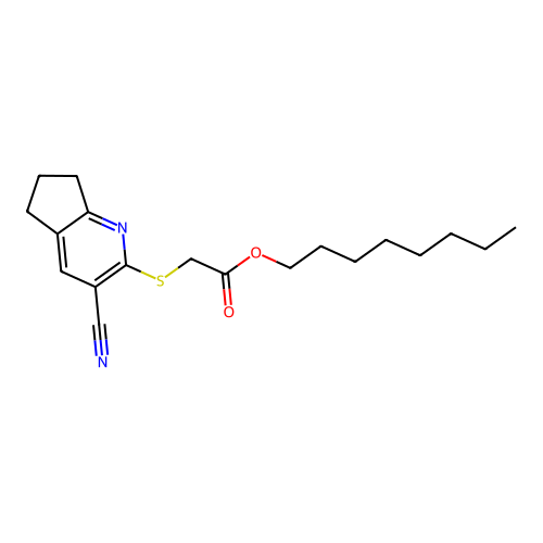 Acetic acid, 2-(6,7-dihydro-3-cyano-5H-cyclopenta[b]pyridin-2-ylthio)-, octyl ester structure