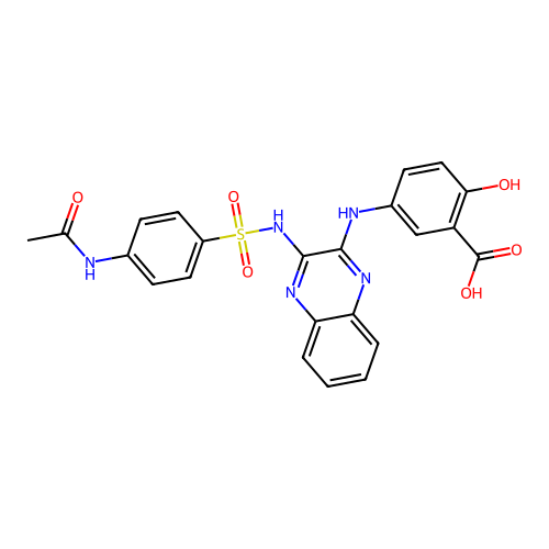 5-[[3-[(4-acetamidophenyl)sulfonylamino]quinoxalin-2-yl]amino]-2-hydroxybenzoic acid structure