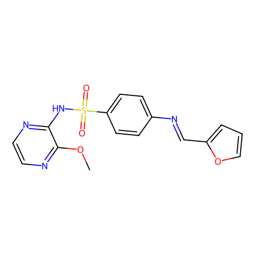 4-{[(E)-furan-2-ylmethylidene]amino}-N-(3-methoxypyrazin-2-yl)benzenesulfonamide structure